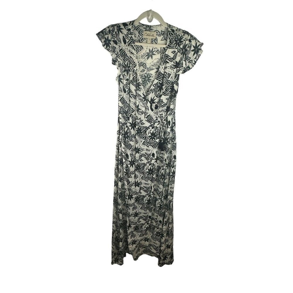 Cleobella Womens Black White Floral Wrap Maxi Dress V Neck Short Sleeve Sz Small